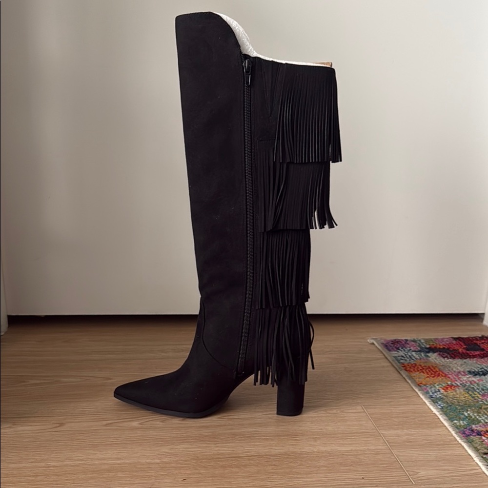 INC International Concepts Black Over the Knee Fringe Boots